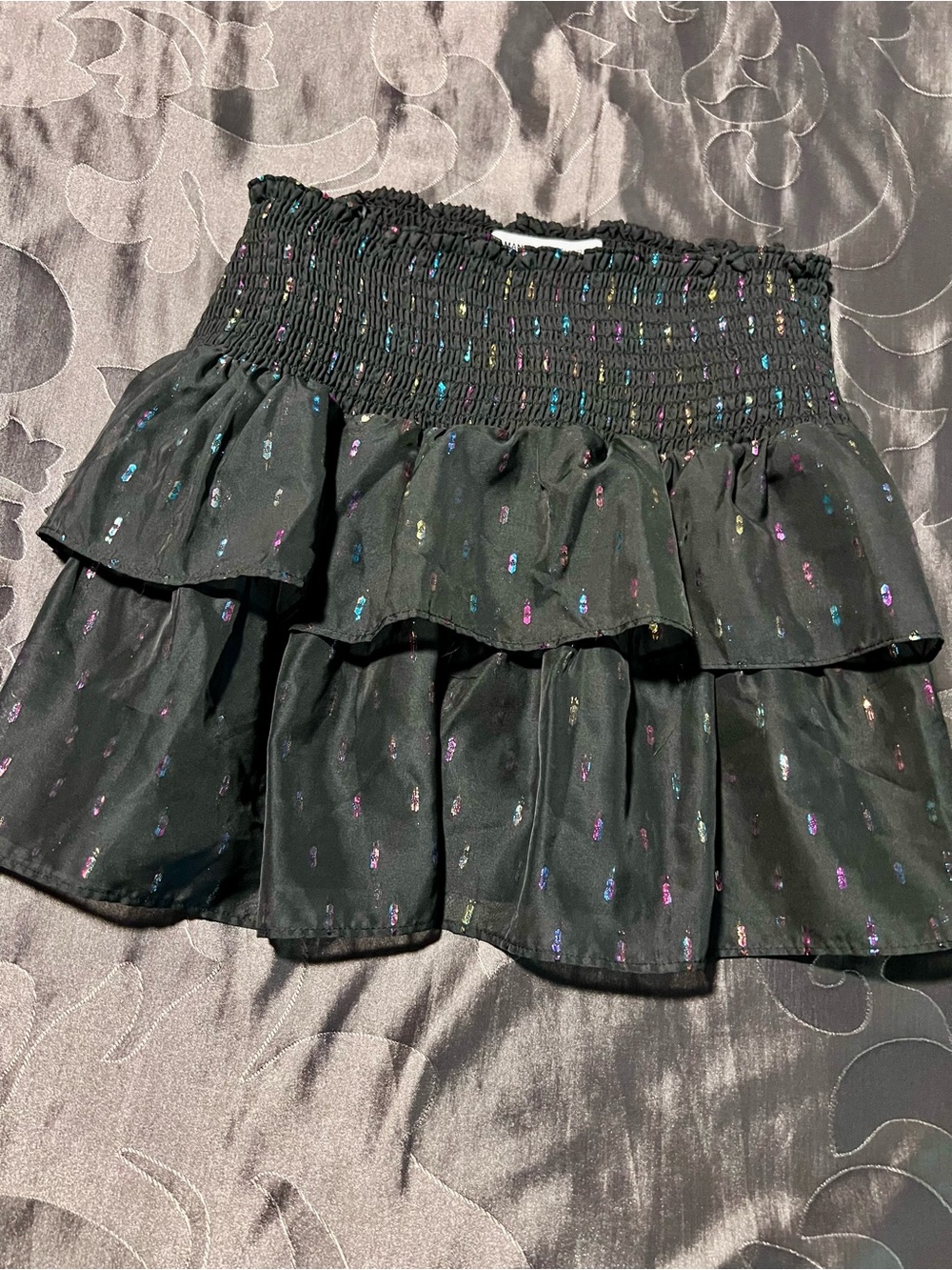 Amanda Uprichard Black Tiered Mini Skirt with Multicolor Sparkle Ruffles Medium